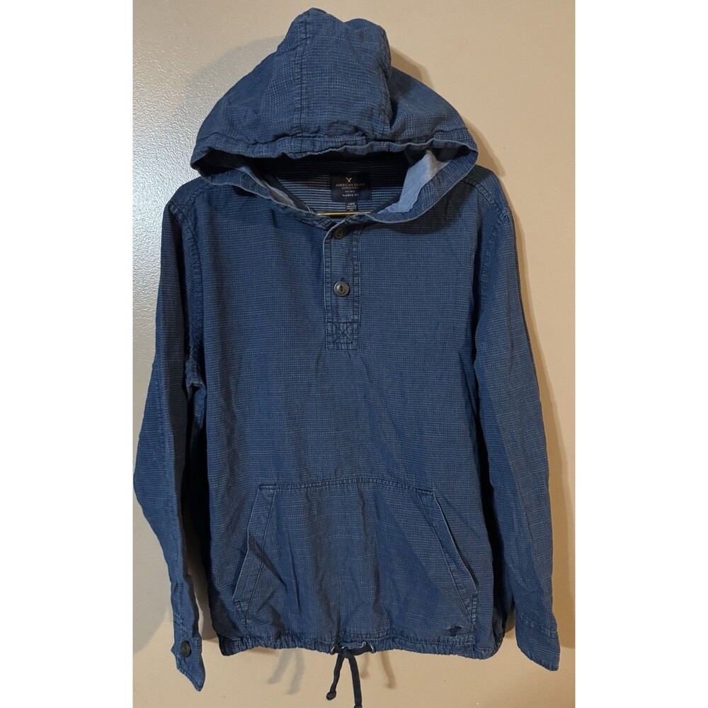 American Eagle Mens L Blue Long Sleeve Henley Hoodie Oversize Pindot Cotton
